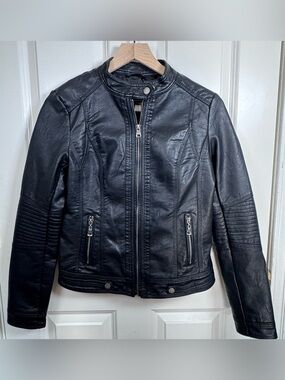 Cat Walk Studio Black Faux Leather Moto Jacket with Quilted Sleeve Panels